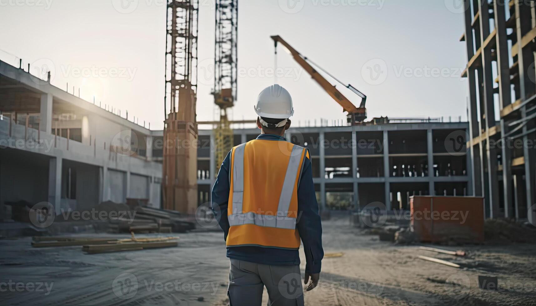 Construction concept. at back of the construction worker head which is wearing the safety helmet and checking work at the construction site. Non-existent person. photo