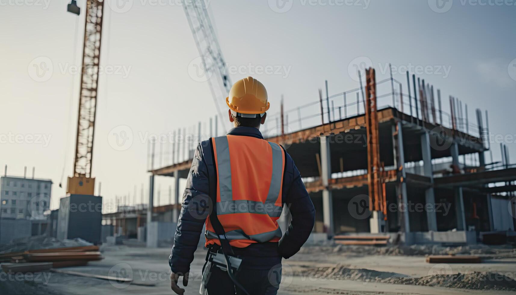 Construction concept. at back of the construction worker head which is wearing the safety helmet and checking work at the construction site. Non-existent person. photo