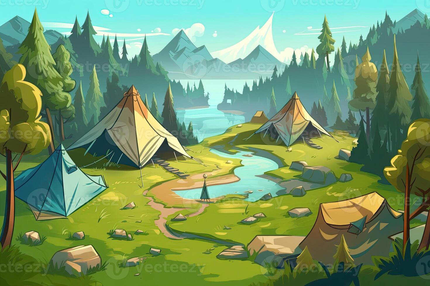 Summer forest or mountain tourist campground or campsite with tents and fireplace, flat cartoon vector illustration. Summer backpackers camping background. . photo
