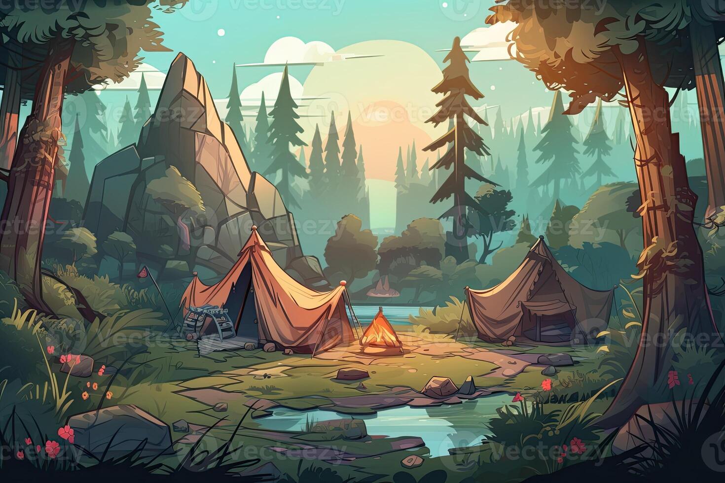 Summer forest or mountain tourist campground or campsite with tents and fireplace, flat cartoon vector illustration. Summer backpackers camping background. . photo