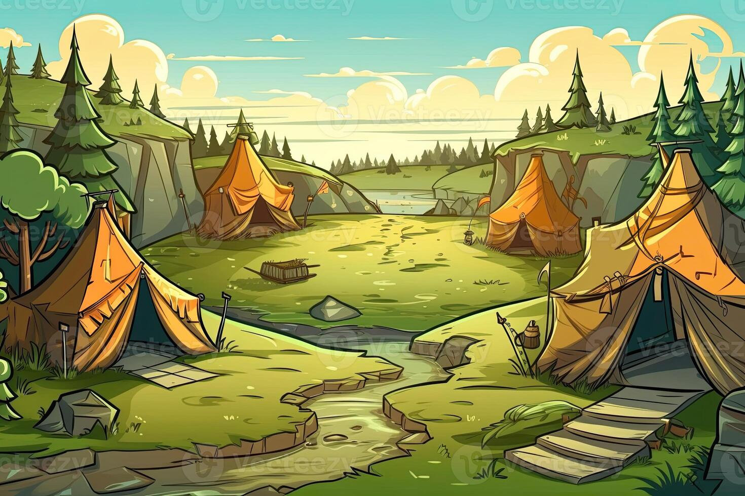 Summer forest or mountain tourist campground or campsite with tents and fireplace, flat cartoon vector illustration. Summer backpackers camping background. . photo