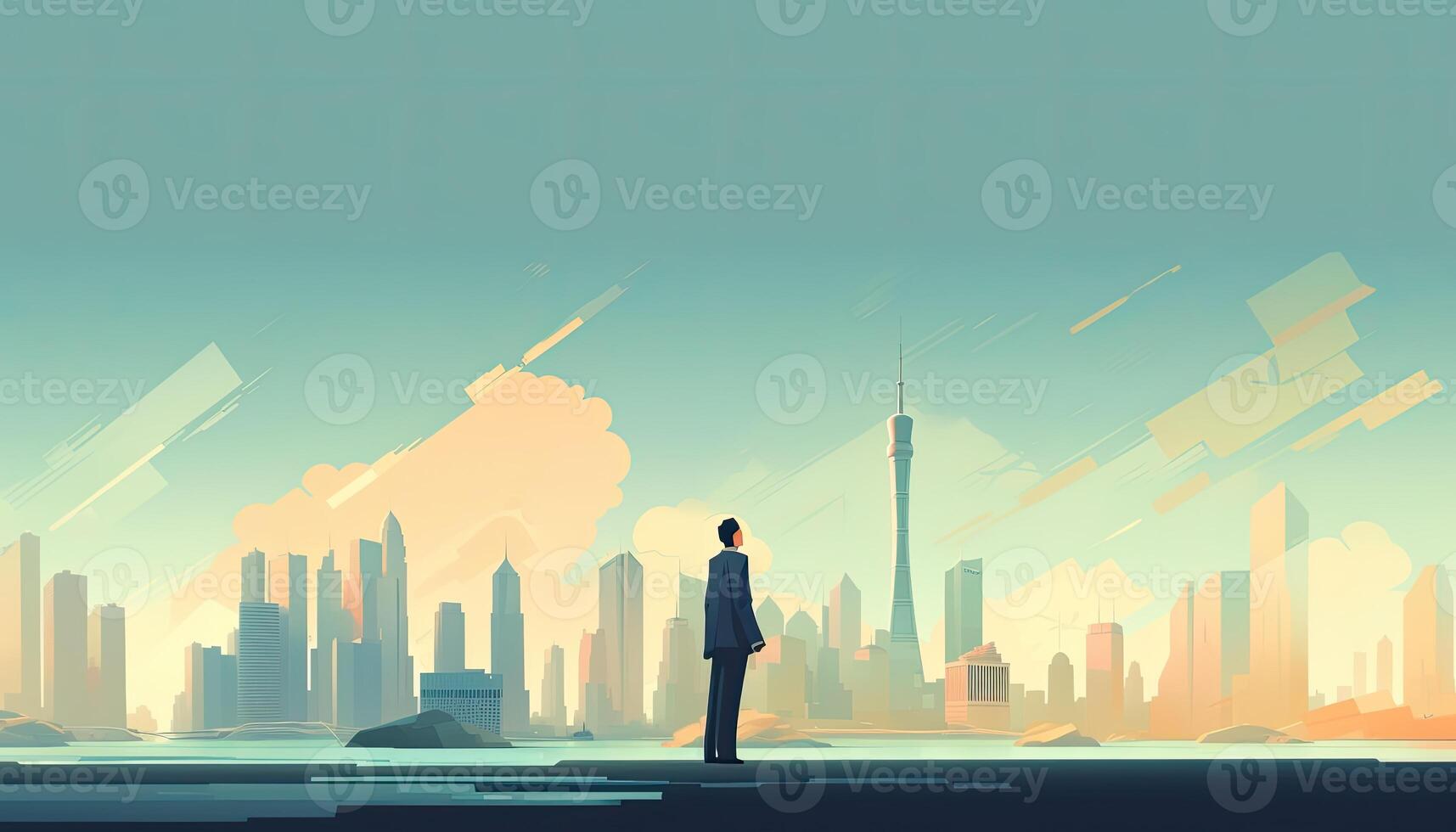 Businessman standing looking Shanghai city view, flat illustration background. . photo