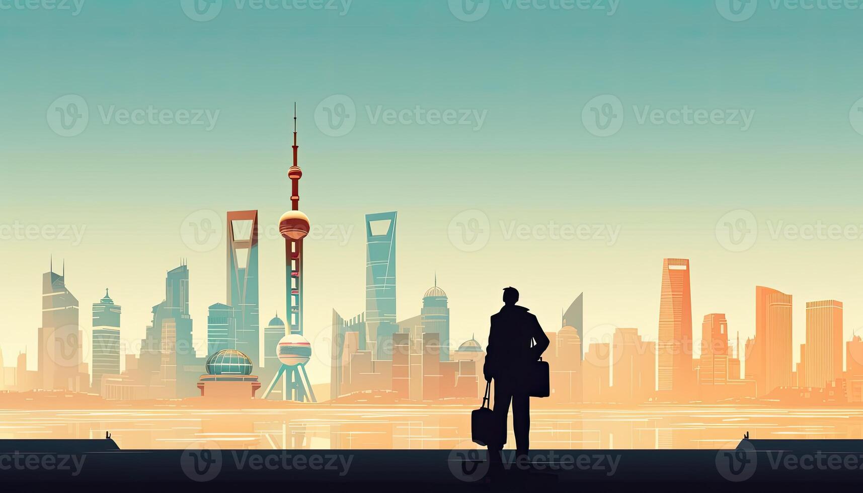 Businessman standing looking Shanghai city view, flat illustration background. . photo