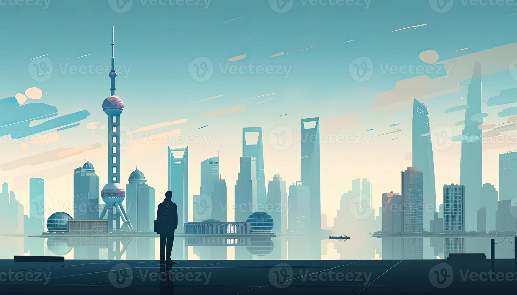 Businessman standing looking Shanghai city view, flat illustration background. . photo