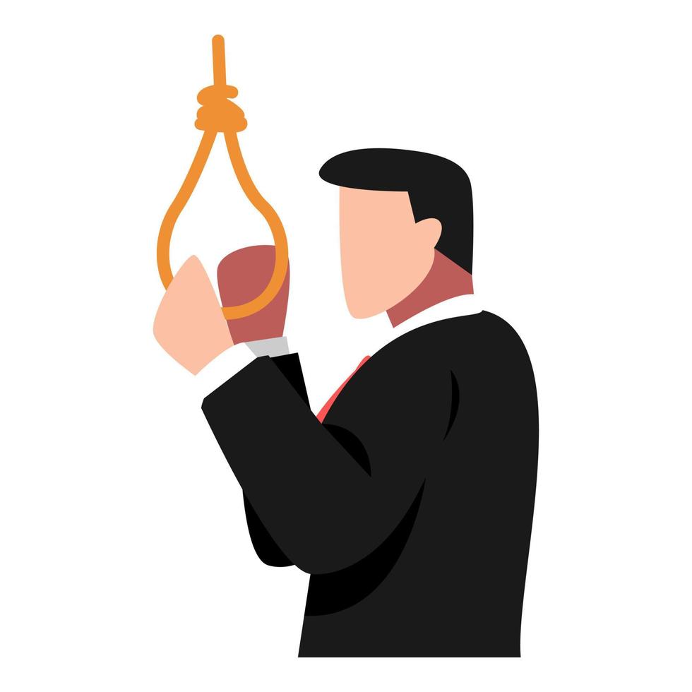 man holding hanging rope. business man wants to suicide. concept of give up, fail, stress, frustration, broke. flat vector illustration.