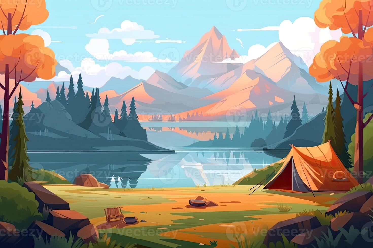 Summer forest or mountain tourist campground or campsite with tents and fireplace, flat cartoon vector illustration. Summer backpackers camping background. . photo