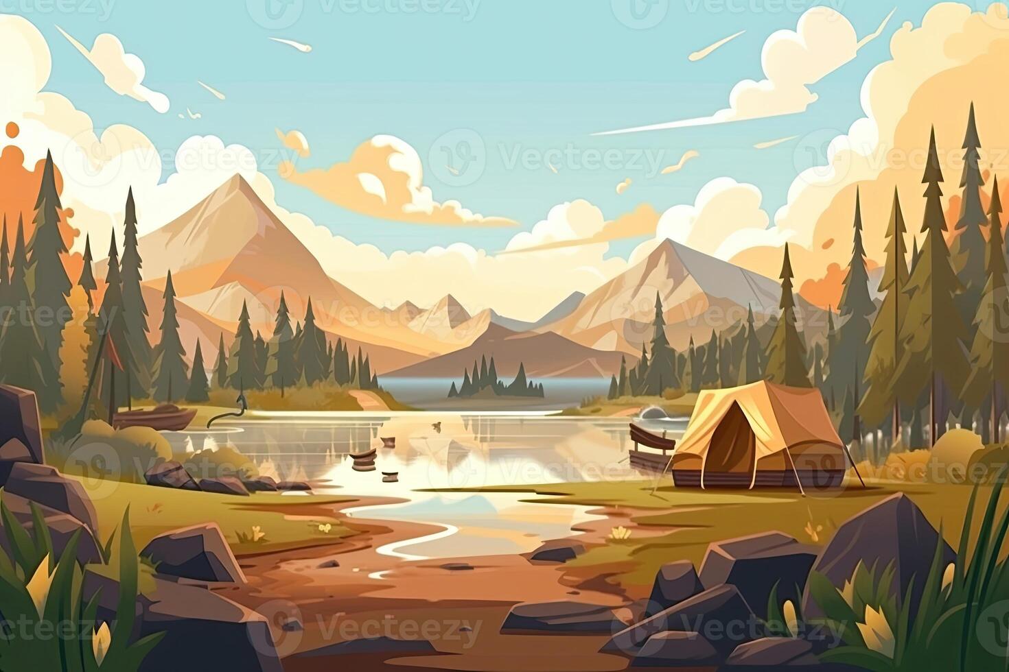 Summer forest or mountain tourist campground or campsite with tents and fireplace, flat cartoon vector illustration. Summer backpackers camping background. . photo