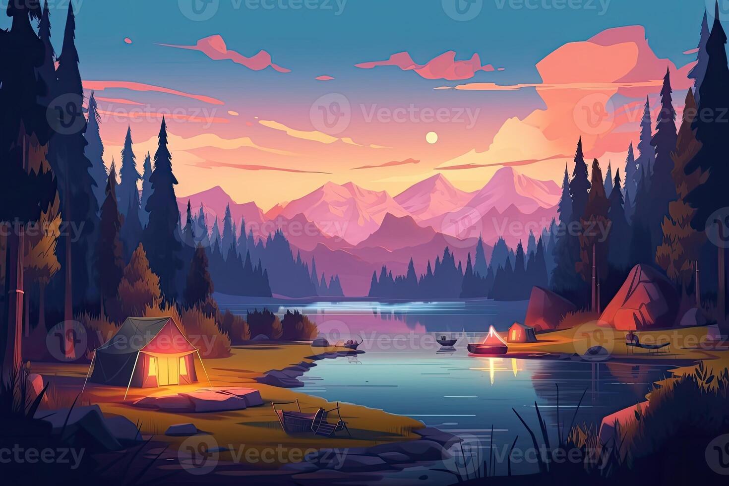 Summer forest or mountain tourist campground or campsite with tents and fireplace, flat cartoon vector illustration. Summer backpackers camping background. . photo