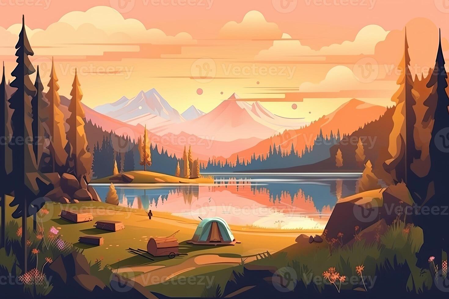 Summer forest or mountain tourist campground or campsite with tents and fireplace, flat cartoon vector illustration. Summer backpackers camping background. . photo