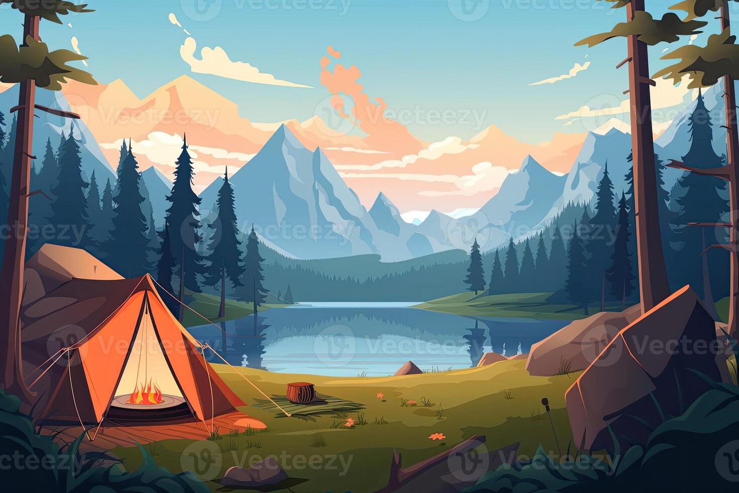 Summer forest or mountain tourist campground or campsite with tents and fireplace, flat cartoon vector illustration. Summer backpackers camping background. . photo