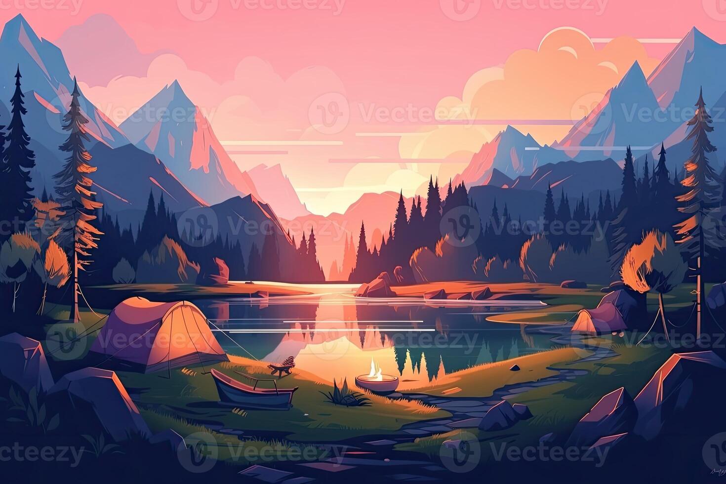 Summer forest or mountain tourist campground or campsite with tents and fireplace, flat cartoon vector illustration. Summer backpackers camping background. . photo