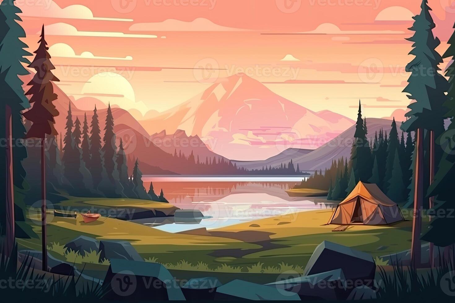 Summer forest or mountain tourist campground or campsite with tents and fireplace, flat cartoon vector illustration. Summer backpackers camping background. . photo