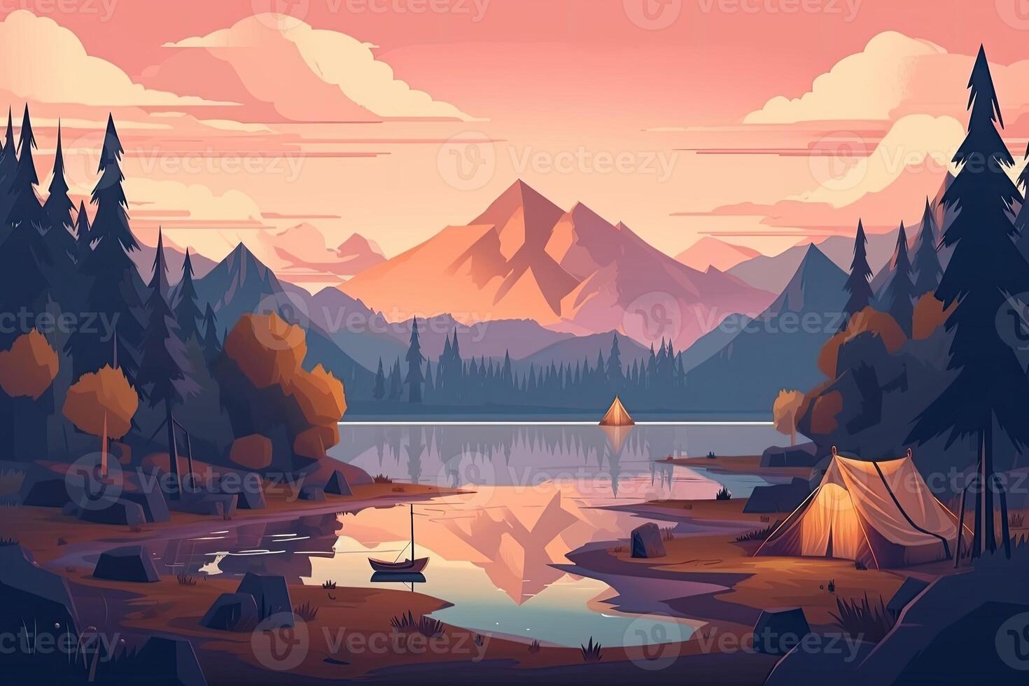 Summer forest or mountain tourist campground or campsite with tents and fireplace, flat cartoon vector illustration. Summer backpackers camping background. . photo