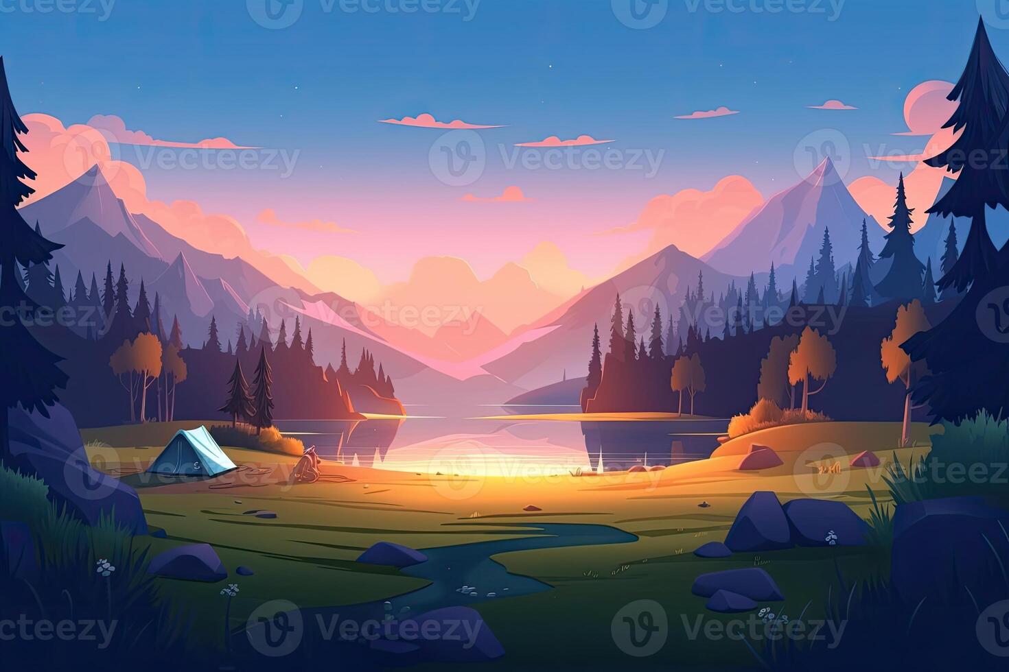 Summer forest or mountain tourist campground or campsite with tents and fireplace, flat cartoon vector illustration. Summer backpackers camping background. . photo