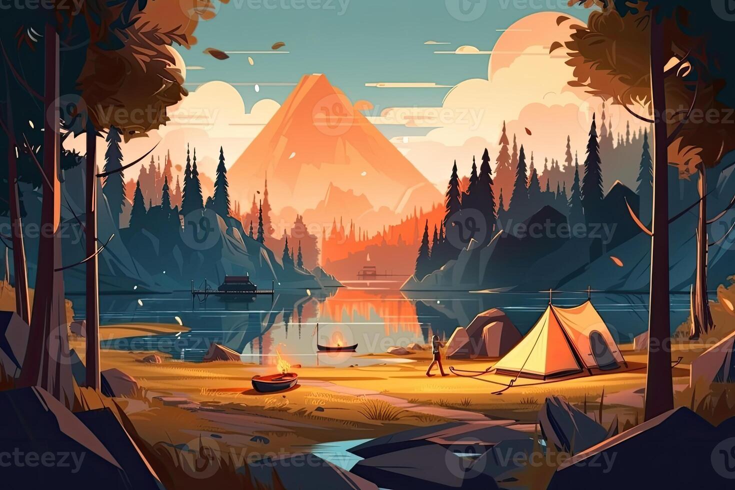 Summer forest or mountain tourist campground or campsite with tents and fireplace, flat cartoon vector illustration. Summer backpackers camping background. . photo