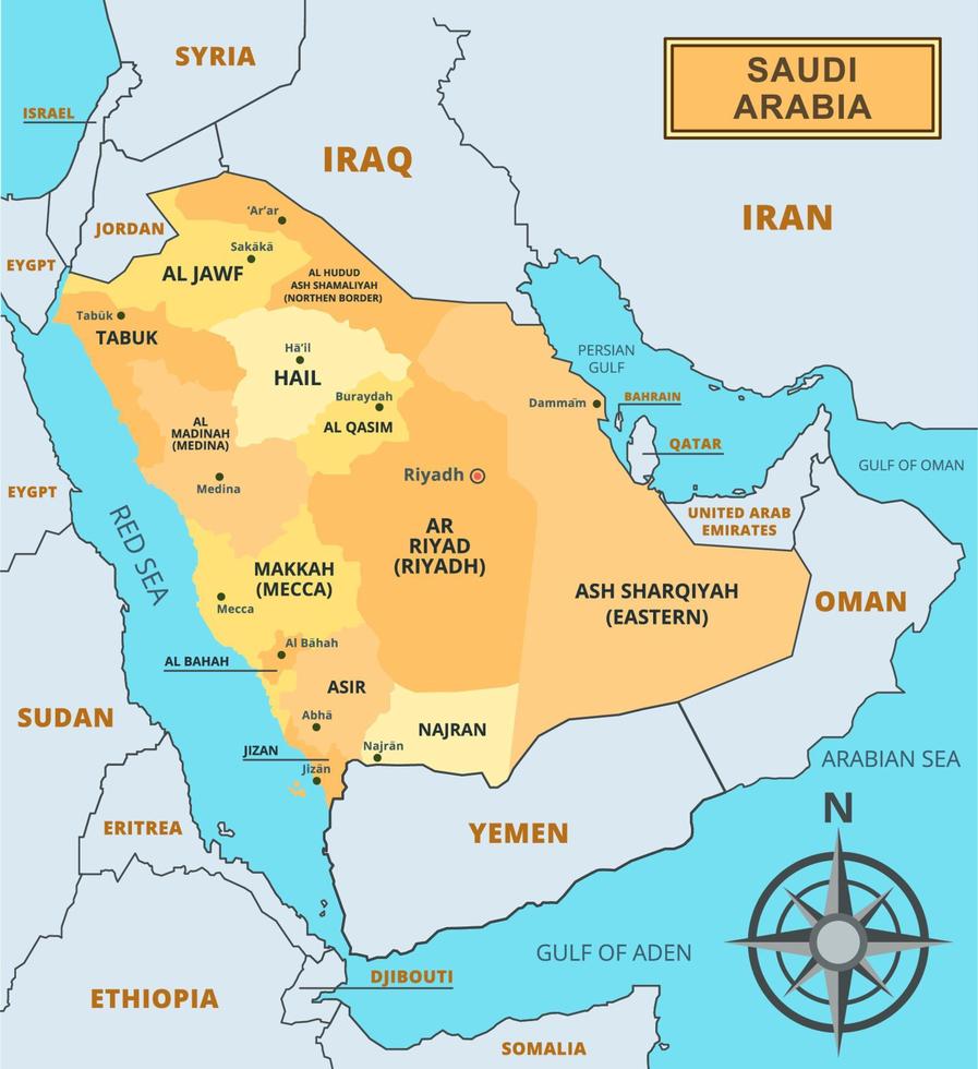 mapa de saudi arabia con región nombres vector