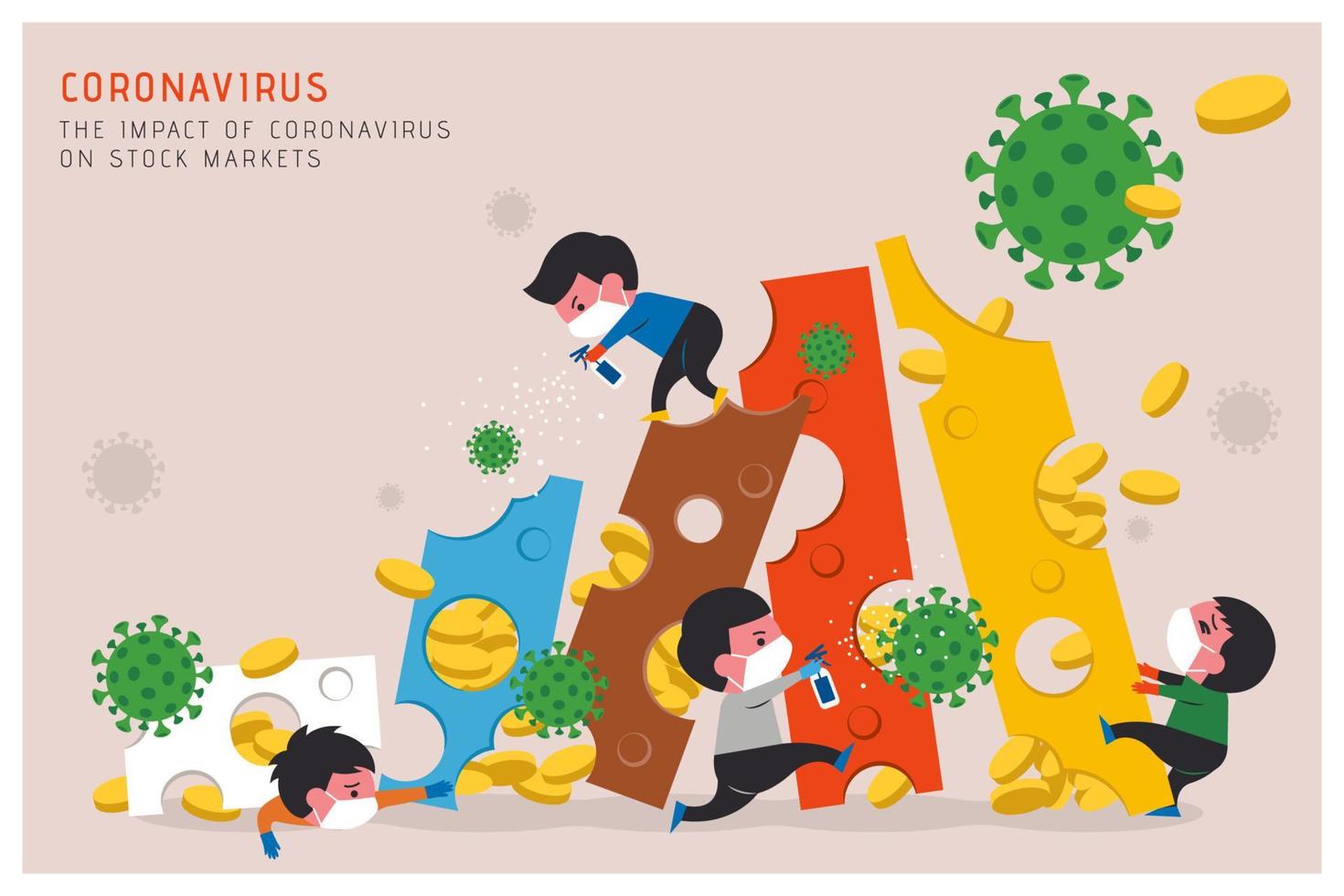 Stock market crash due to COVID-19 outbreak, people fighting against virus in flat illustration vector