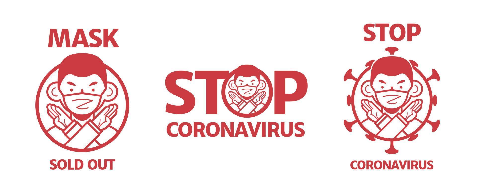 STOP CORONAVIRUS and MASK SOLD OUT icon, a man wearing face mask and making no hand sign vector