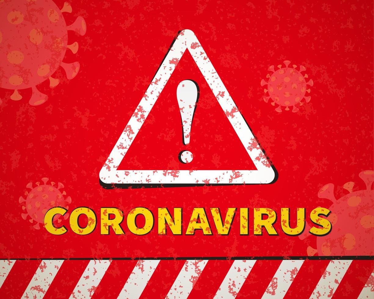 Coronavirus attention sign in triangle on red background, exclamation mark icon and warning line element vector