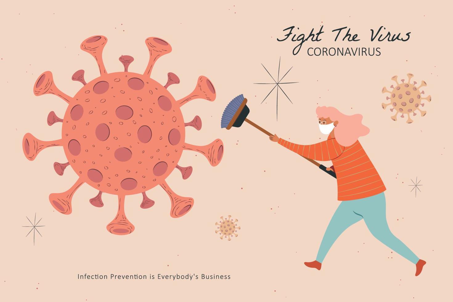 Woman holding a broom to fight against the virus, COVID-19 illustration vector