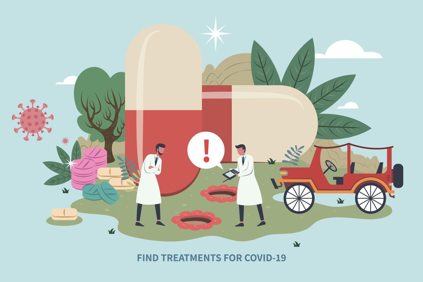 científicos mantener buscando nuevo tratos para covid-19 plano diseño conceptual ilustración, gigante cápsulas y pastillas en el jardín detrás médico personal vector