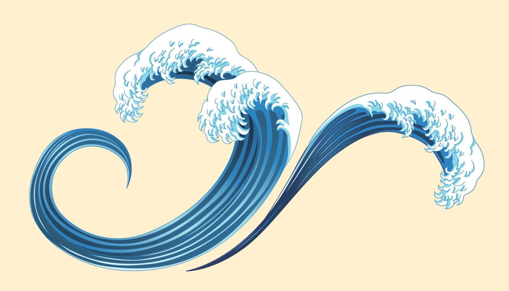 Ukiyo-e style splashing wave elements on light yellow background vector