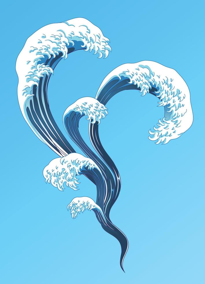 Ukiyo-e style splashing wave elements on blue background vector