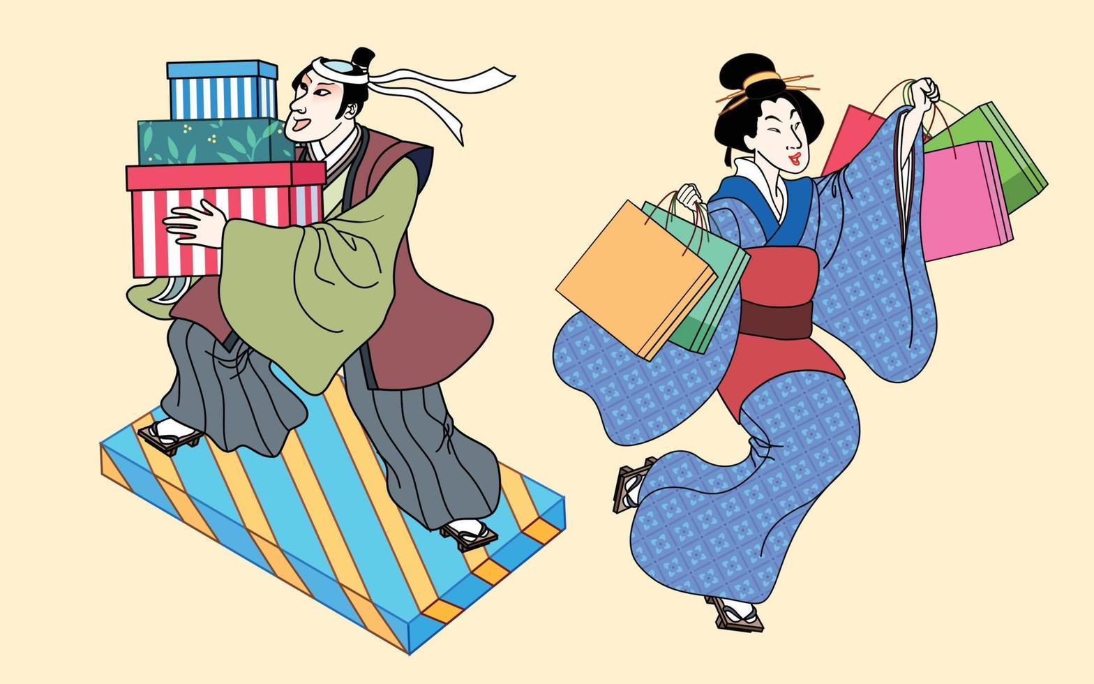 Ukiyo-e style characters holding shopping paper bags and piled gift boxes isolated on light yellow background vector
