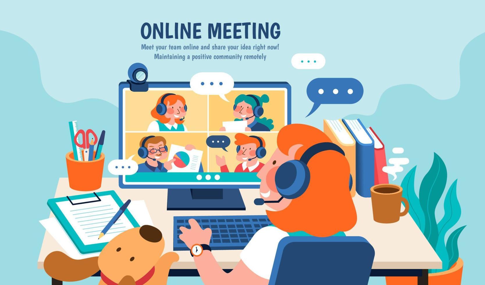 A cute red-hair girl is having online conferencing at home with her team members during COVID-19 quarantine, in flat style vector