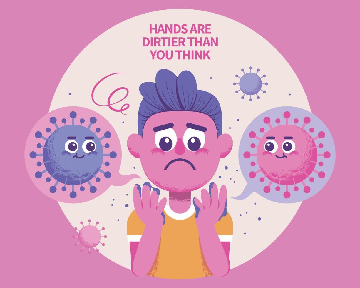 Boy looking at his hands anxiously, COVID-19 hygiene concept illustration in pink and purple tone vector