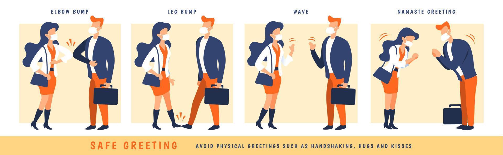 4 interesting greeting alternatives for COVID-19 prevention, including elbow bump, leg bump, wave and namaste greeting vector
