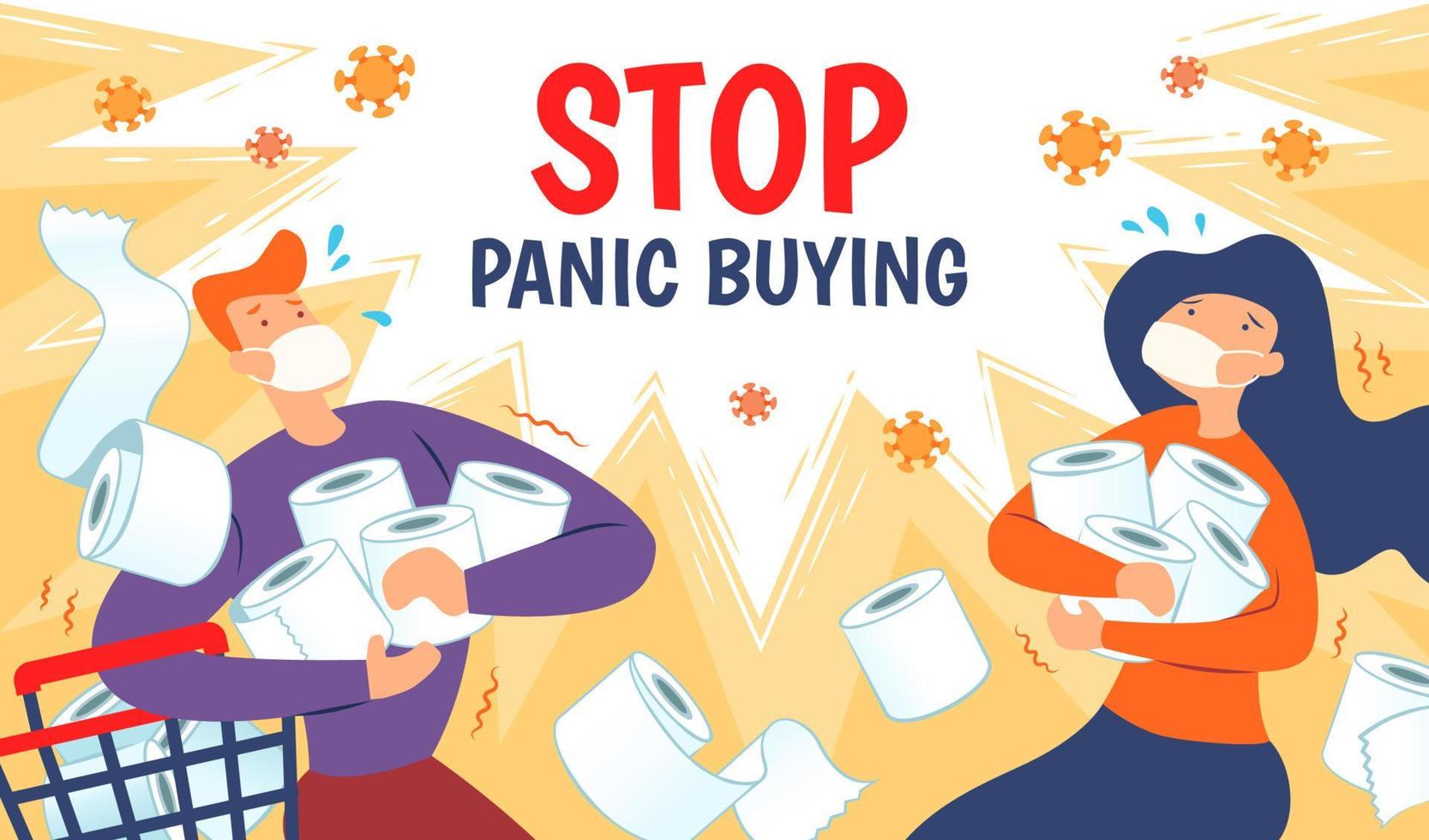 A man and a woman character hoarding a lot of napkin and tissue paper, designed with the concept of panic buying during COVID-19 pandemic vector