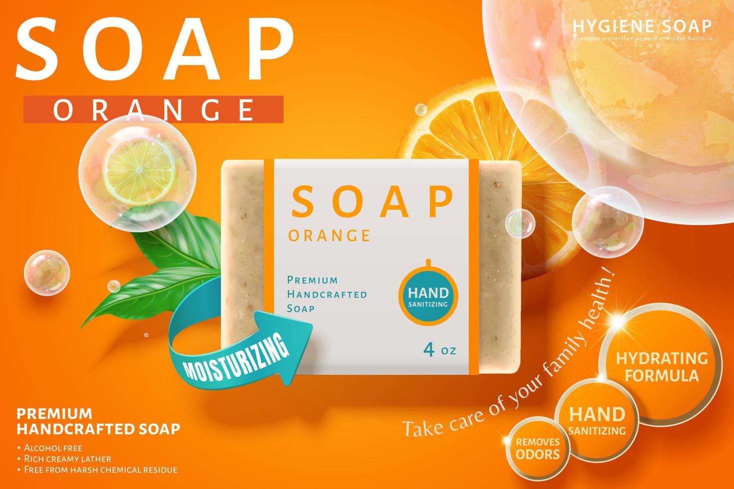 Ad template of handmade soap, realistic soap mock-up decorated with bubbles and fresh sliced orange, 3d illustration vector