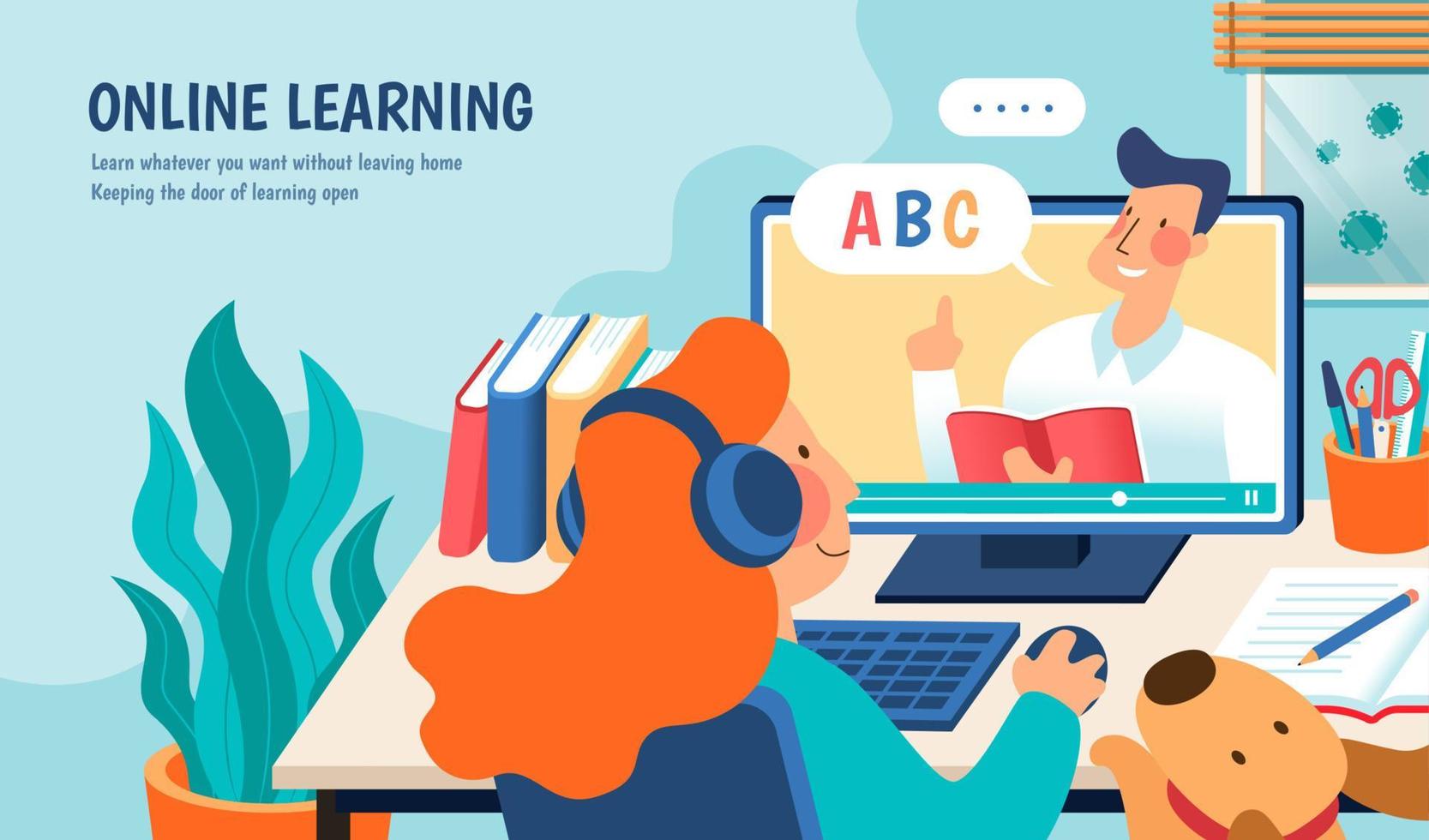 Online learning banner in flat style, a cute red-hair girl is having online course at home during COVID-19 quarantine vector