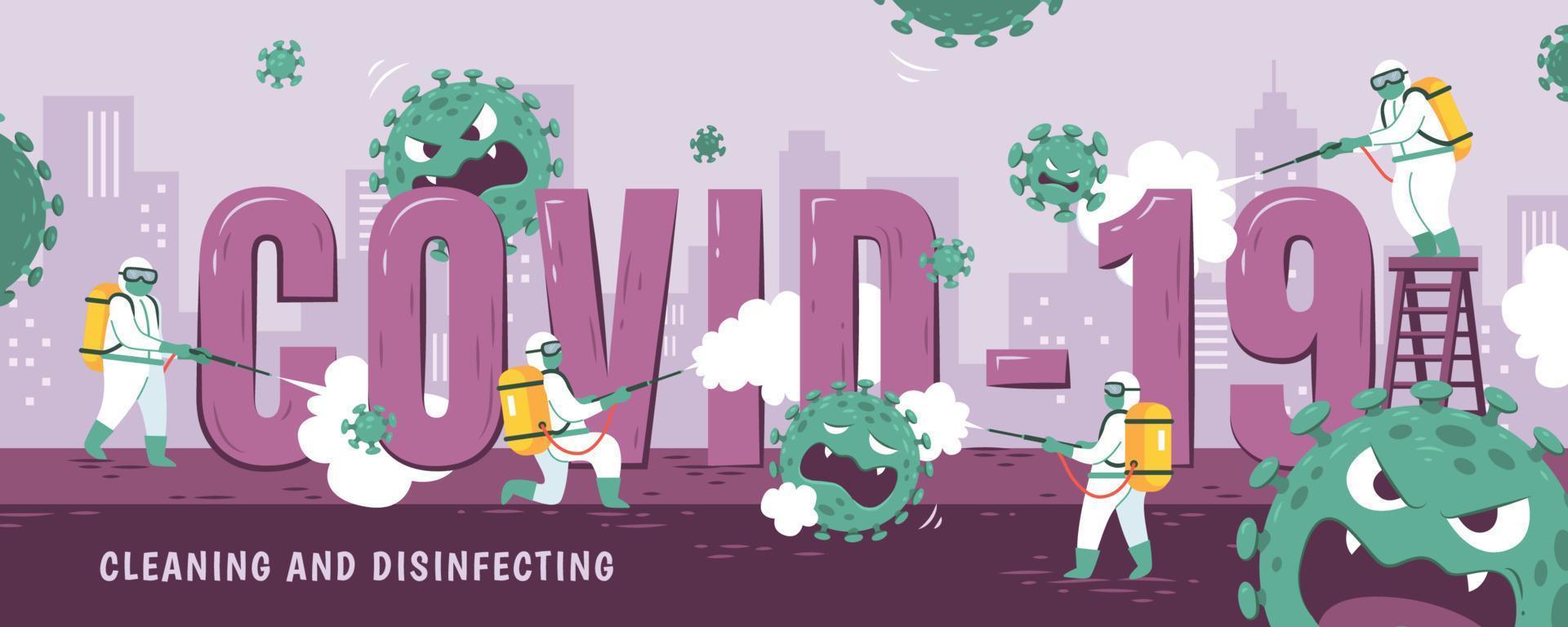 Purple tone COVID-19 Cleaning and Disinfecting flat style banner, people in hazmat suit spraying around the city vector