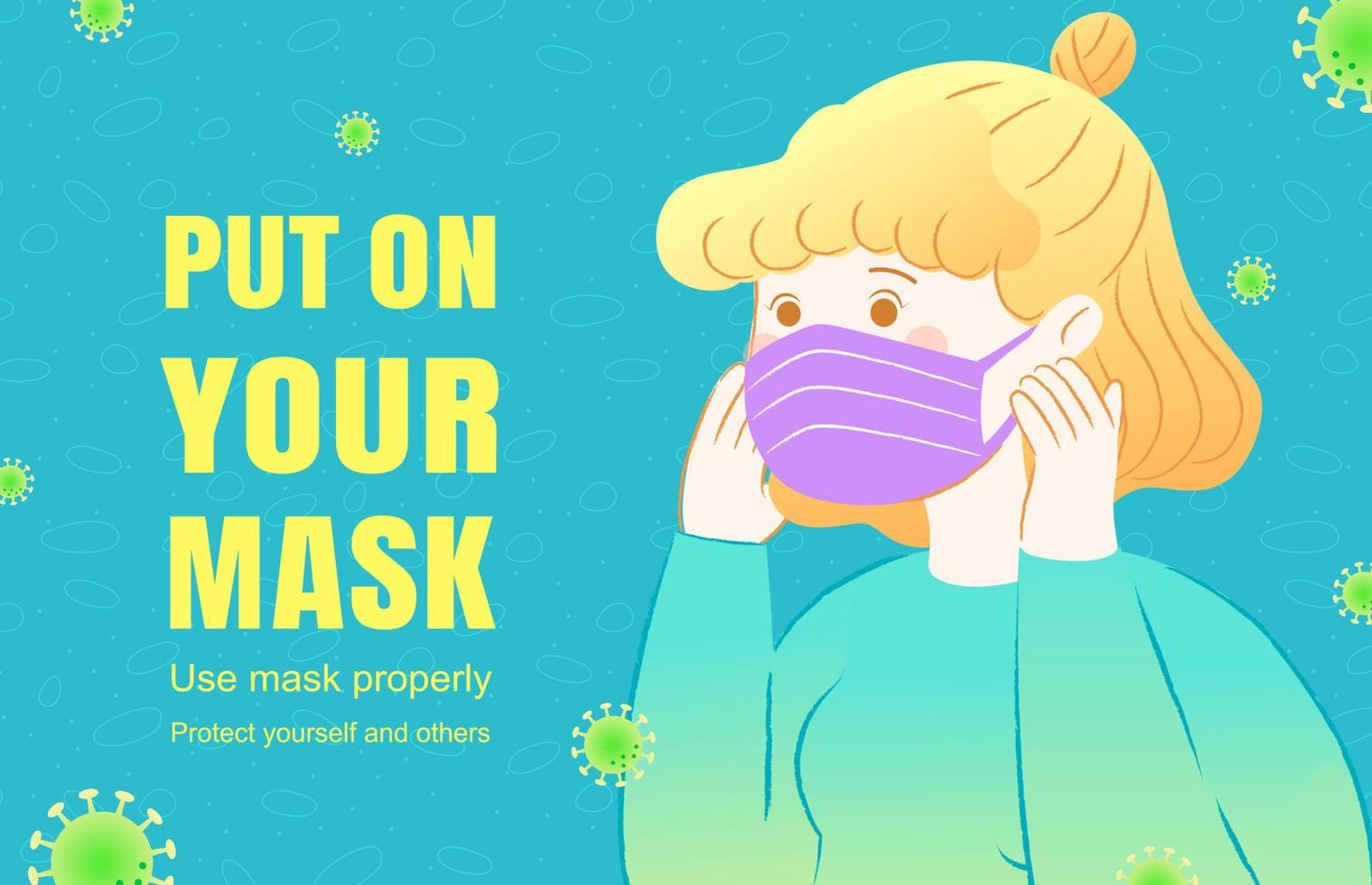 Cute girl put on her purple protective mask to prevent coronavirus in flat illustration on turquoise background, COVID-19 prevention vector