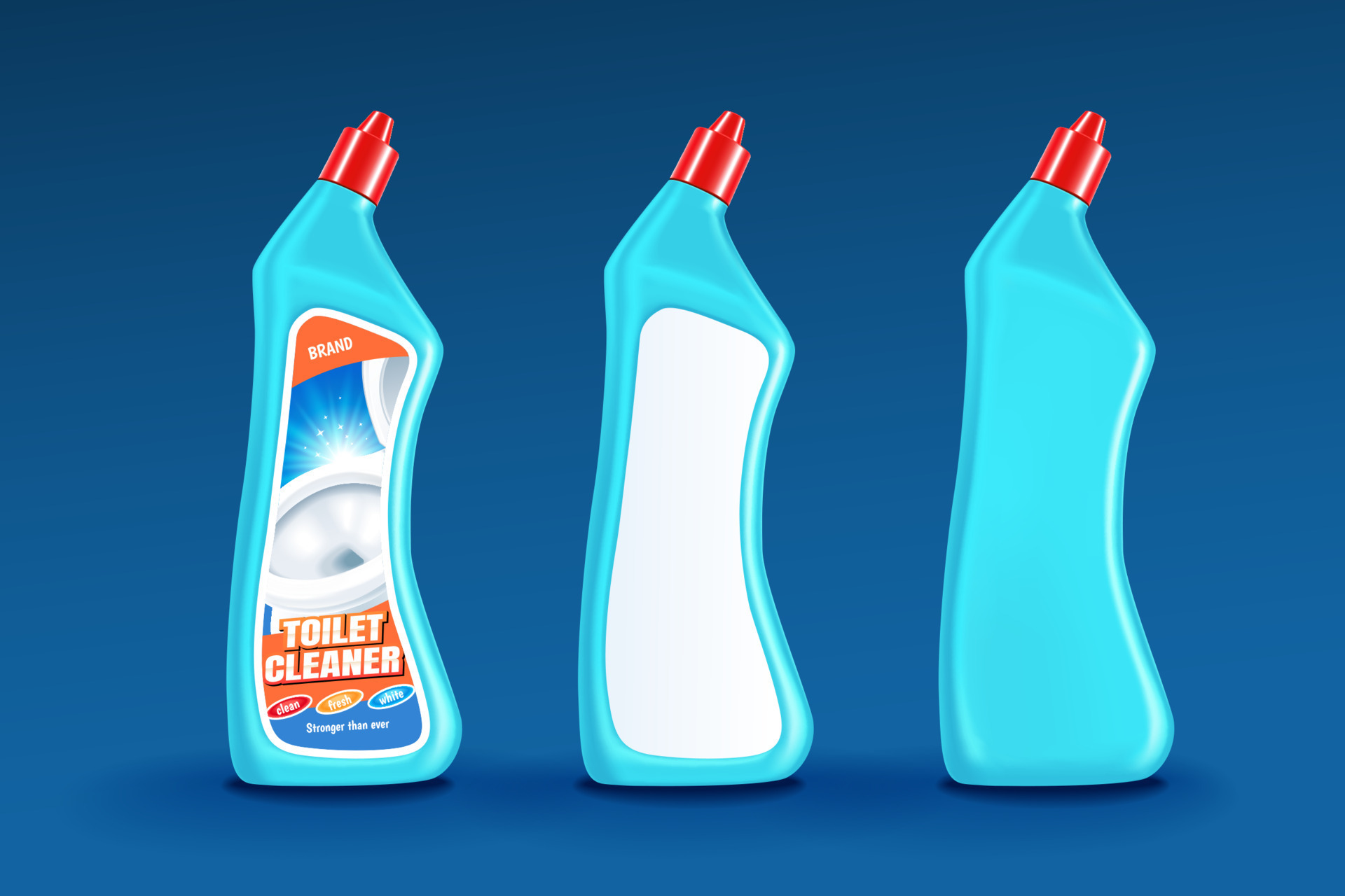 Toilet cleaner bottle mockup set on blue background in 3d illustration, one with blank label and