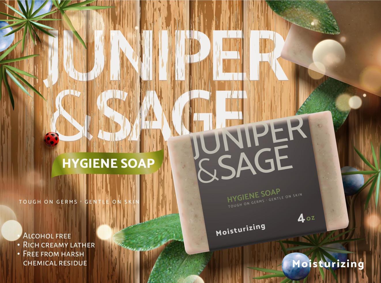 Ad template of herbal hygiene soap, realistic soap mock-up set on wooden table with sage leaves, juniper leaves and fruit, 3d illustration vector
