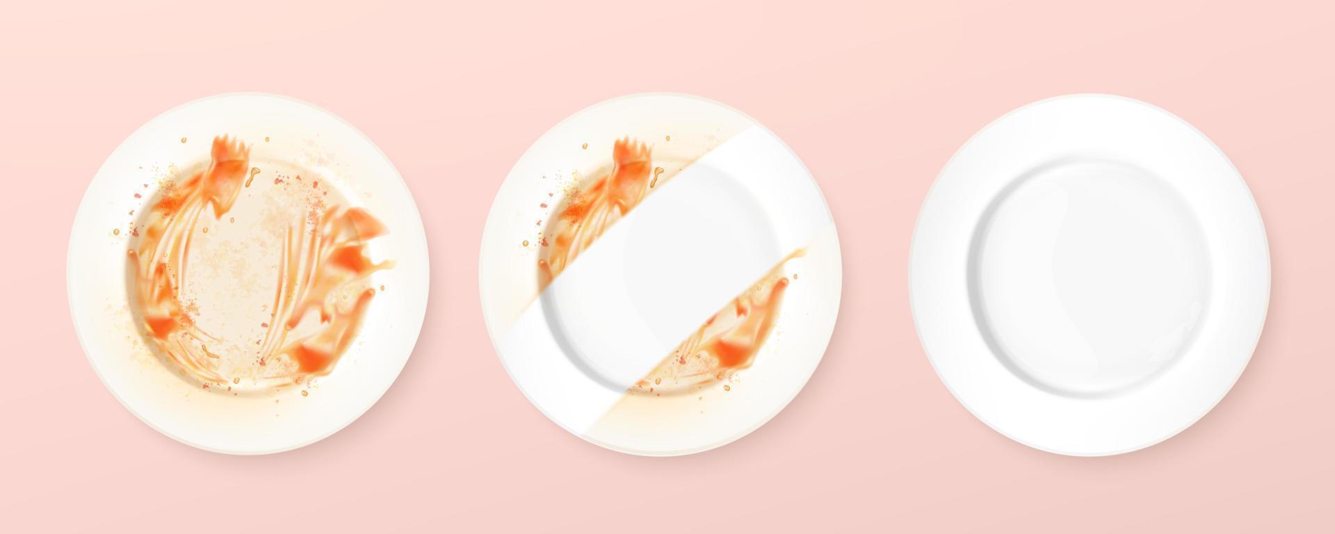 Top view of clean and dirty 3d illustration dishes, before and after of applying dish soap vector