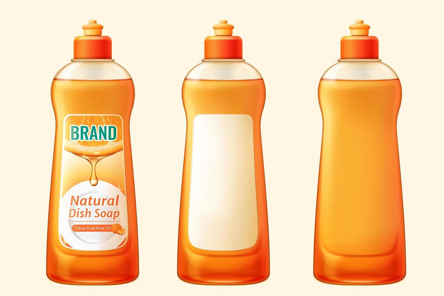 3d illustration natural orange dish soap mockup set, one with designed label and the other with blank label vector