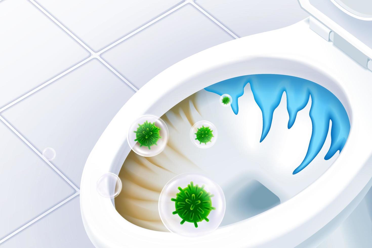 Closeup look at 3d illustration toilet bowl, part of it remains yellow stains and green virus in bubble floating in the air vector