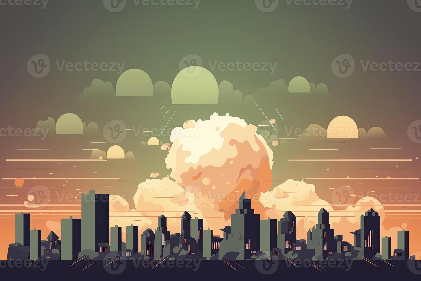 The explosion of the nuclear bomb. End of world illustration. Nuclear war threat concept. A modern nuclear bomb explosion over a small city. photo