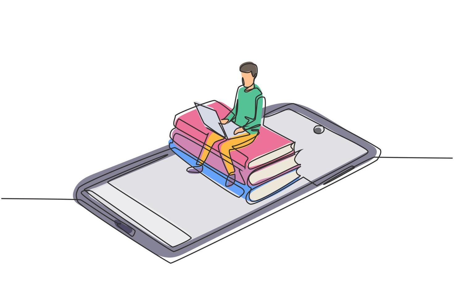 Single continuous line drawing male college student sitting on pile of books while typing on laptop on smartphone. Online education concept. Dynamic one line draw graphic design vector illustration