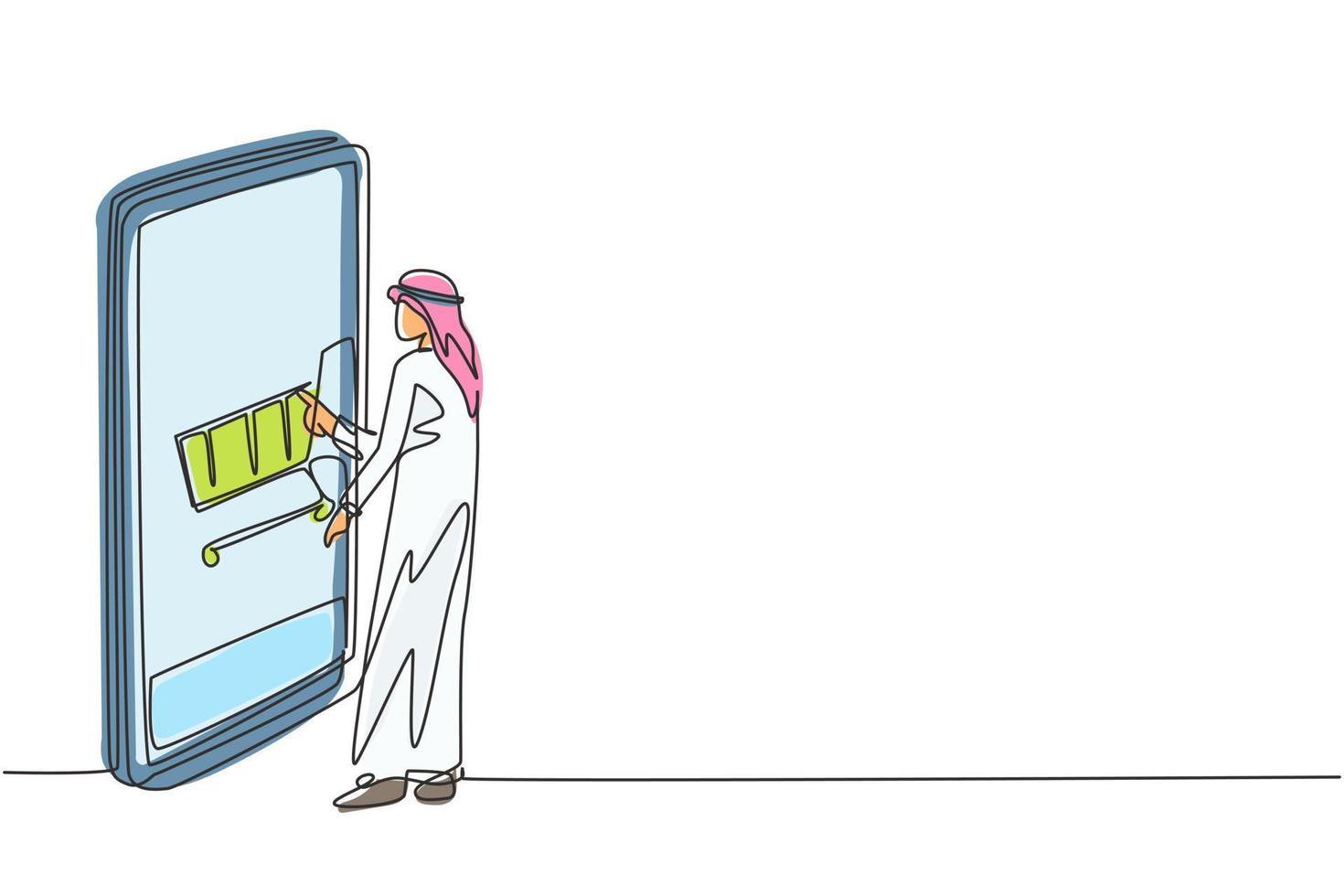 dibujo de una sola línea de joven árabe de compras a través de la pantalla del teléfono inteligente con carrito de compras. comercio electrónico, concepto de estilo de vida digital. Ilustración de vector gráfico de diseño de dibujo de línea continua moderna