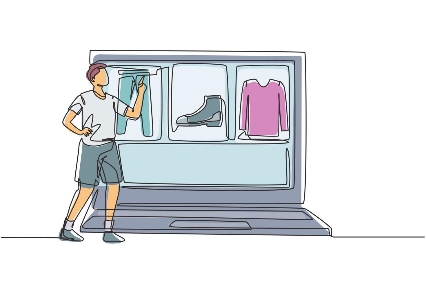 Continuous one line drawing young man choosing shopping items on a giant laptop screen. Sale, digital lifestyle with internet and gadgets concept. Single line draw design vector graphic illustration