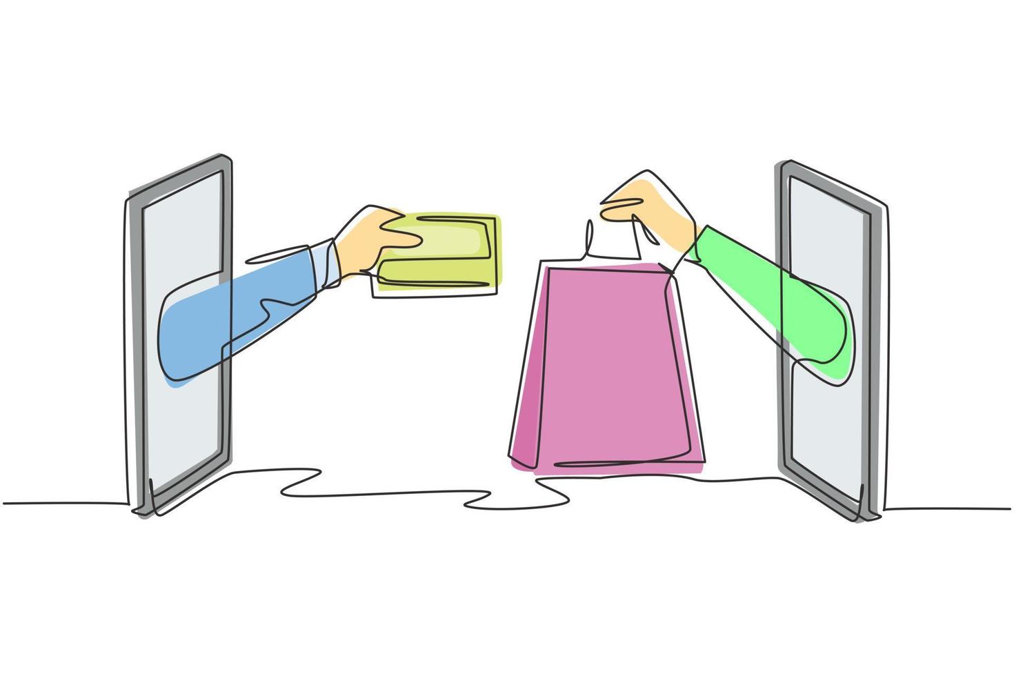 Single one line drawing two hands out of smartphone screen to exchange shopping bags with credit cards. Sale, digital payment concept. Modern continuous line draw design graphic vector illustration