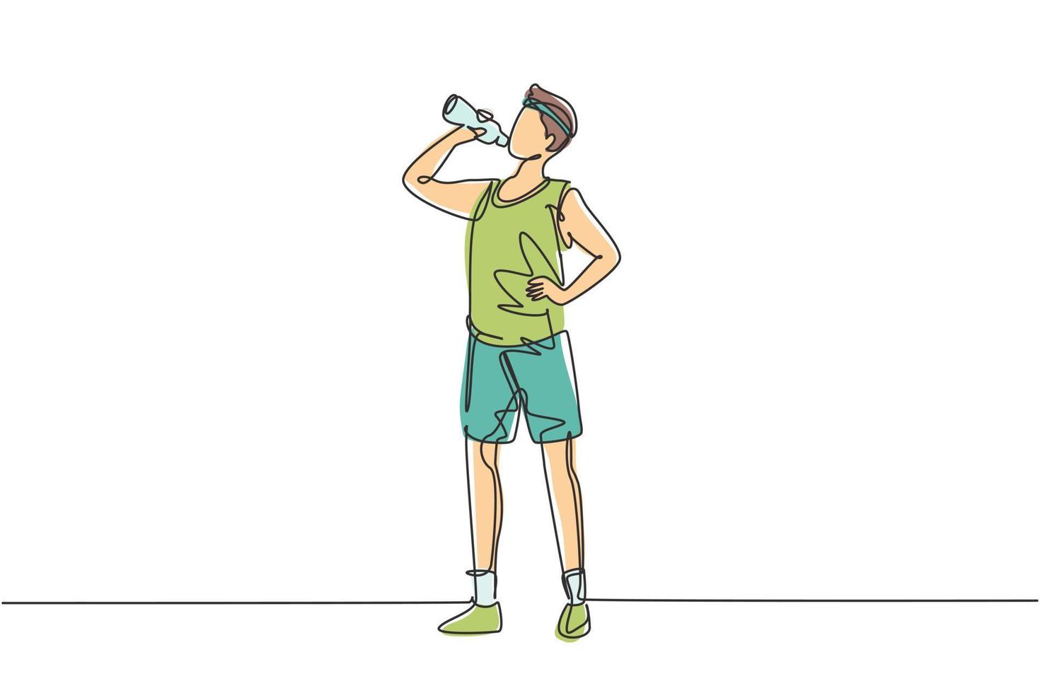 Single continuous line drawing young man standing and drinking fresh water from a bottle with his right hand after exercising. Healthy lifestyles. One line draw graphic design vector illustration