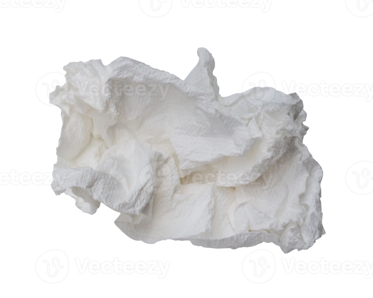 Single screwed or crumpled tissue paper or napkin in strange shape after use in toilet or restroom isolated with clipping path in png format