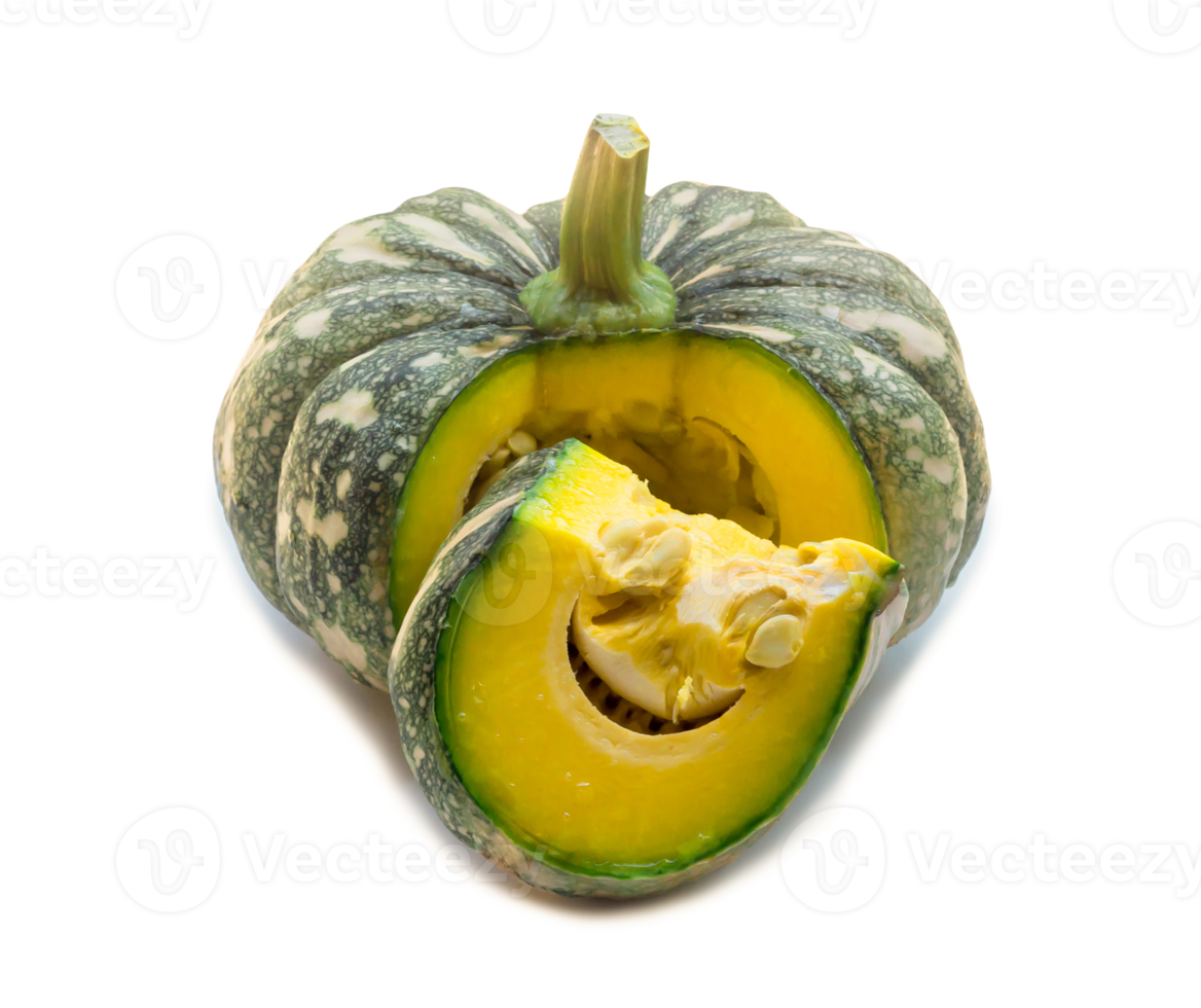 Green pumpkin with strange pattern and slice isolated with clipping path and shadow in png format