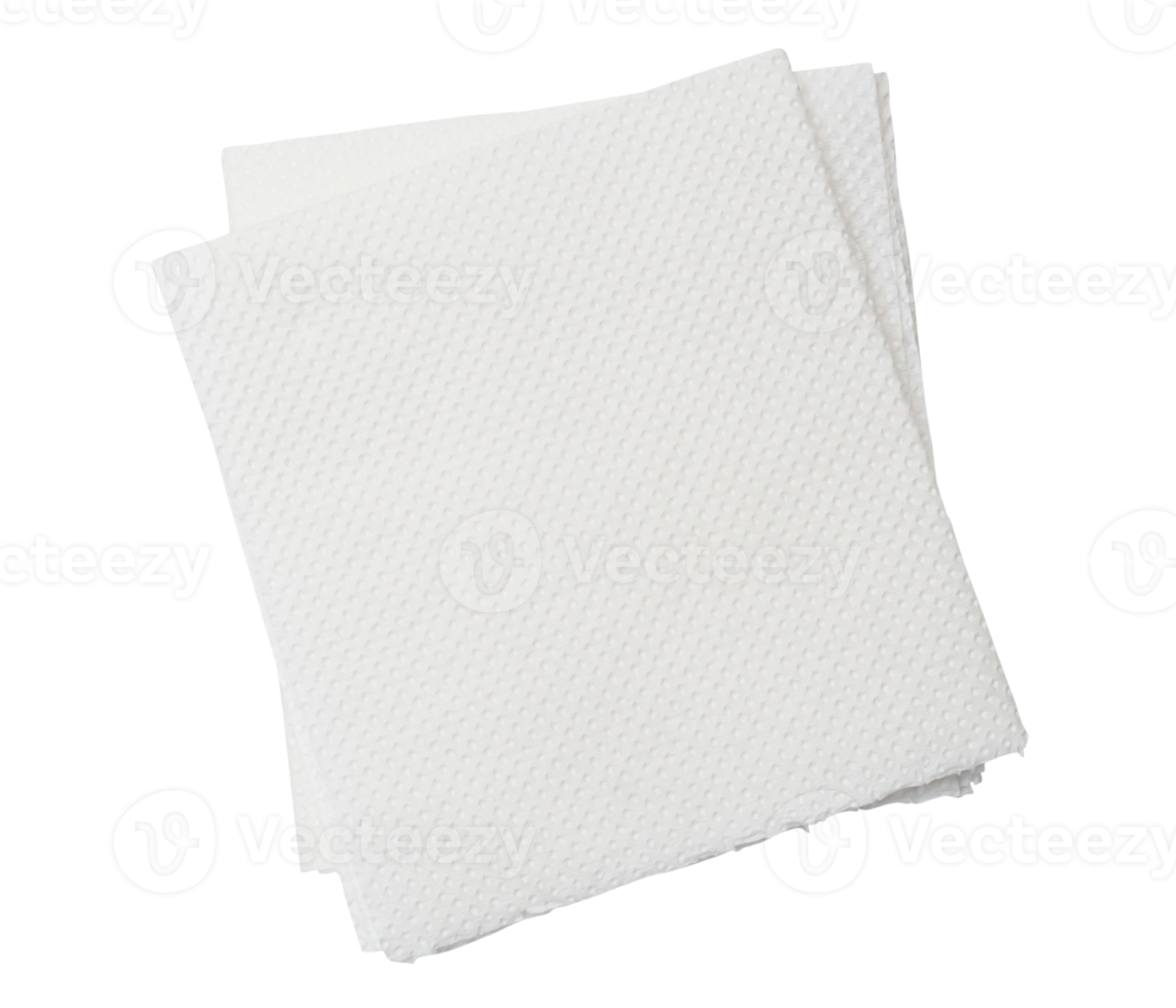 Two folded pieces of white tissue paper or napkin in stack tidily prepared for use in toilet or restroom are isolated with clipping path in png format